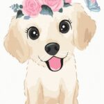 pictura pe numere catelus cu flori